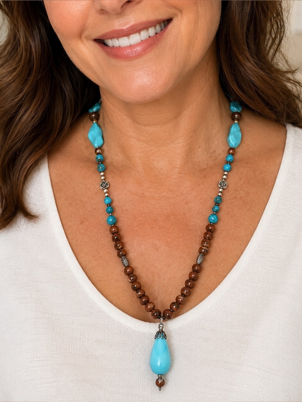 Statement Retro Gemstone Howlite Necklace Blue and Brown 32 Inches Great Look🔥